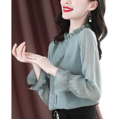 Chiffon Shirt Womens Spring Autumn 2021 New Fashion Lace Stand Collar Long Sleeve Loose Top Lady Office Blouse Plus Size
