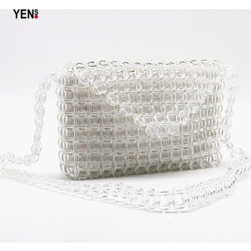 Women Clear Beading Bag Brand Designer Knitting Beaded Clutch Transparent Acrylic Handbag Lady Woven Beach Bag Pearl Clear Purse