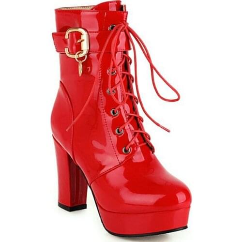 ZawsThia Winter Warm Red White Round Toe Thick High Heels Platform Boots Woman Lace-up Patent Leather Women Boots Big Size 47 48