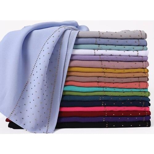 Women Musilim Bubble Pearl Chiffon Hijab Scarf With Crystal Drilling Solid Color Shawls Headband Hijabs Scarves Scarf Arab Wraps