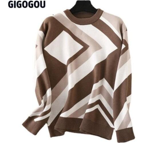 GIGOGOU Color Block Womens Sweater O Neck Jaquard Knit Pullover Tops Geomatric Patern Women Autumn Winter Clothing Outfits Femm