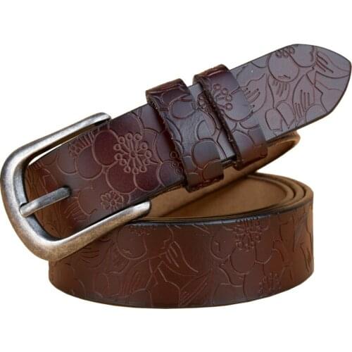 2019 Luxury Cow Split Leather Women Belt High Quality Pin Buckle Carved Brand Belts for Women Vintage Floral Strap Female
