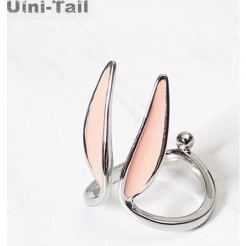 Uini Tail new design hot sale 925 sterling silver simple sweet pink epoxy rabbit ear ring personality cute long ear open ring