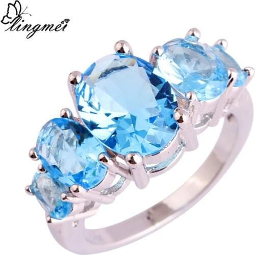 Lingmei Wholesale Dazzling Oval Blue Pink Zircon Silver Color Ring Size 6-12 13 For Women Party Fashion Jewelry