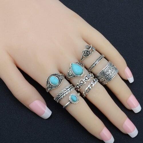 10 Pcs/Set Bohemian Carved Rose Flower Gem Ring Set Vintage Steampunk Knuckle Rings for Women Boho Ethnic Style Jewelry