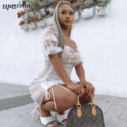 Free Shipping 2020 New Lace Bandage Dress Women Sexy Square Neck Off Shoulder Puff Sleeve Bodycon Drawstring Lace-Up Dresses