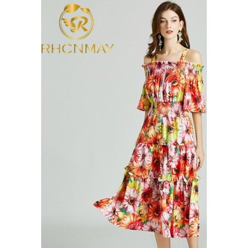 Summer Dress Women High Street Off-Shoulder Prairie Chic Pink Flower Printed Short Sleeve Vacation Beach Boho Party Dresses Robe