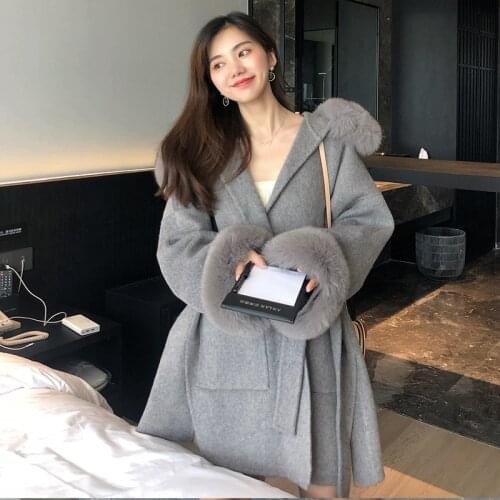 Outwear Winter Women Woolen Coat With Natural Fox Fur Hoodie Ladies Real Fur with Belt Oversize Coats