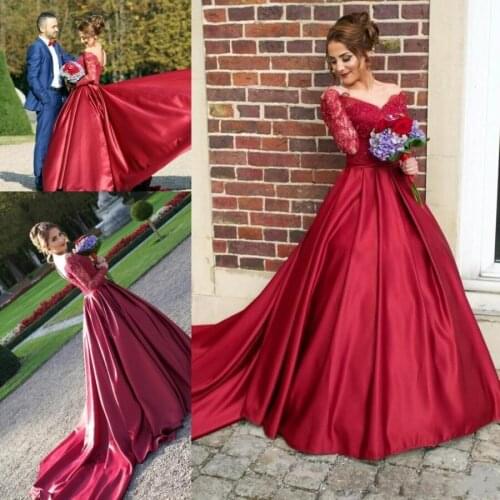 Burgundy Sheer O-neck Lace Long Sleeve Evening Dresses Women Sweep Train Silk Satin Formal Evening Gowns Prom Dress Party Gown