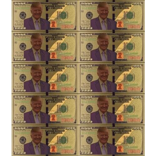 10pcs/lot for America Trump Banknote 1000 Dollar Banknote In 24k Gold and Silver Plated Fake Paper Money for Collection