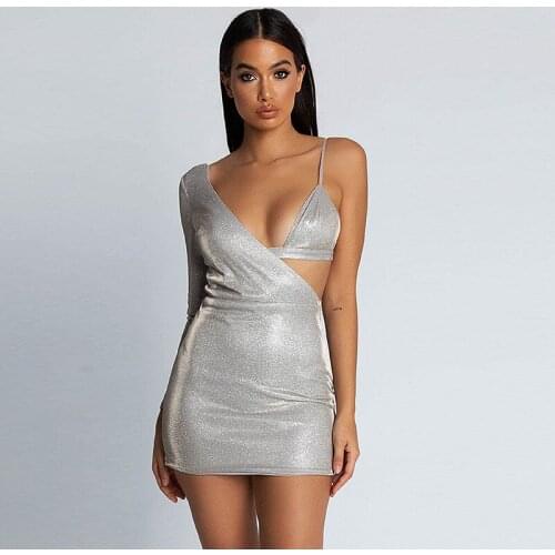 NORMOV Shinny Women Dress Asymmetrical One Shoulder Long Sleeve Backless Dress Silver Bar Sheath Mini Dress