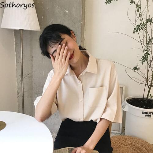 Blouse Women Shirts Turn-down Collar Summer Solid Pocket Single-breasted Outwear Korean Style Trendy Leisure All-match Ulzzang