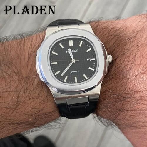 PLADEN Mens Quartz Watches Sport Casual Genuine Leather Patek Wrist Watch Waterproof Clock Relogio Masculino Dropshipping 2021