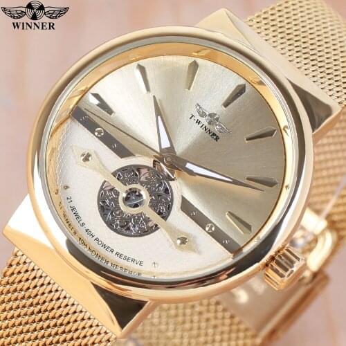 Winner Golden Male Watches Automatic Business Wrist Watch Skeleton Analog Mesh Steel Band Self-Wind Mechanical Reloj Hombre Saat