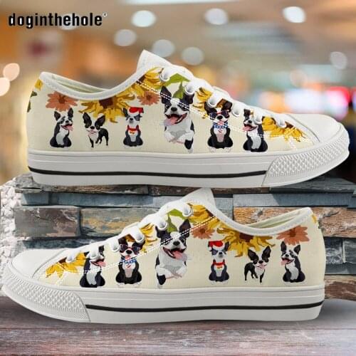 Doginthehole Boston Terrier 3D Pattern Cute Womans Low Top Canvas Shoes Fashion Sneakers Ladies Shoes Student Teens Casual Shoes
