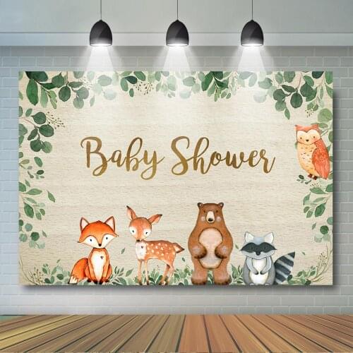 Woodland Animals Baby Shower Party Decoration Green Leaves Forest Animals Background Safari Animal Baby Shower Wooden Backdrops