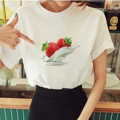 Milk Strawberries Printed T Shirts Women Crative Streetwear Vintage Pinted Top 2021 Oversized Arrivals Tshirt Women New Clothing