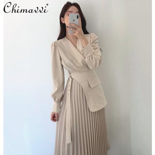 Korean V Neck Cross Belt Dress Women Stitching Fake Two Piece Pleated Dress Female Long Sleeve Casual Long Dress