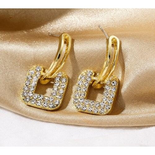 Square Golden Studs Earrings Rhinestone Elegant Geometric Vintage Trendy Accessories Stud Earrings Women Girl Gift Friends