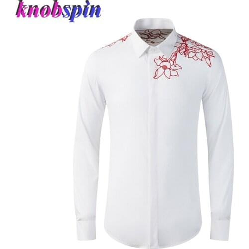 Line Floral Design Shirt men Slim Casual long sleeve Business male Dress Shirts High quality Cotton Shirts Plus size M-4XL