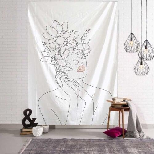 Simple line girl tapestry character art white wall hanging cloth picnic yoga mat aesthetics room decoration home wall decoration