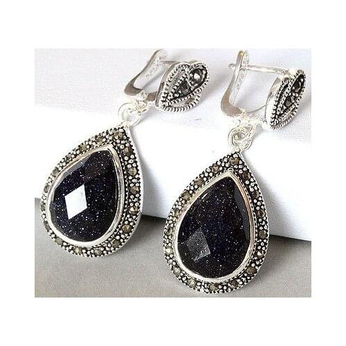 NEW ladys tibetan Silver Natural Blue Sand Stone Marcasite Drop Earrings