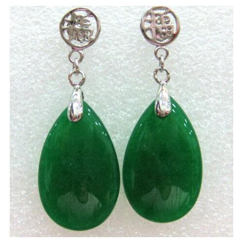 Charm ladys green natural jade tear drop bless happiness earrings