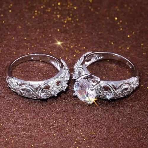 Popular 2 Pcs/set Romantic Hollow Couple Crystal Ring Set for Women Engagement Party Male Female Rings Jewelry