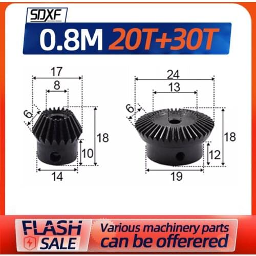 2 pieces of precision bevel gear transmission ratio, 0.8M 20T+30T, craft holes need to be machined and fixed by themselves