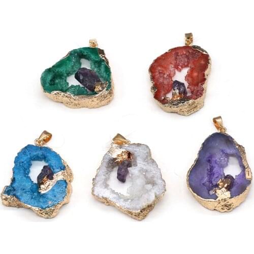 Natural Agates Druzy Stone Pendant Charms Irregular Quartz Crystal Geode Pendants For Jewelry Making DIY Necklace 30x40-35x45mm