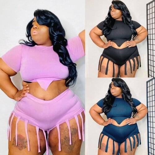 ZKYZWX Sexy Two Piece Set Short Sleeve Crop Top Tassel Biker Shorts Summer Outfits Plus Size Women Clothing Club Matching Sets