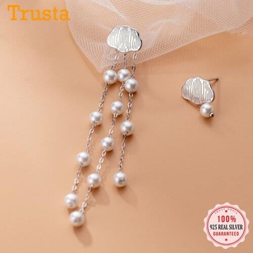 Minimalist Genuine 925 Sterling Silver Asymmetric Clouds Tassel Synthesis Pearl Stud Earrings For Women Wedding Jewelry DB995