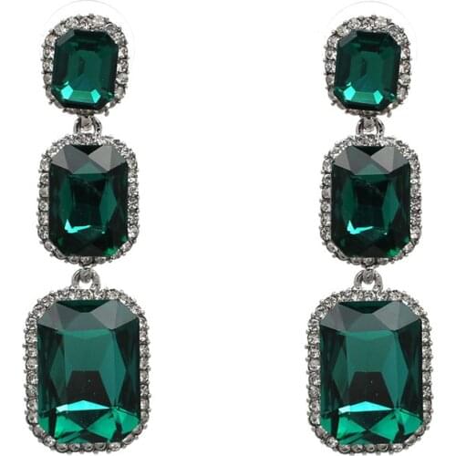 Luxury Glass Long Earrings Women Geometric Statement Za Earrings Jewelry Fashion Red Green Crystal Dangle Earring 2021