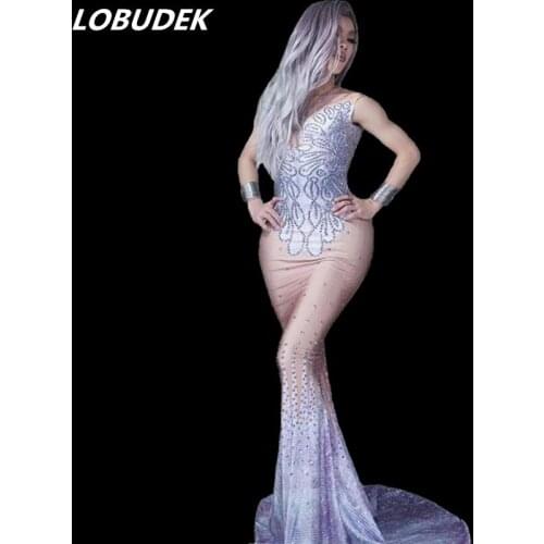 Women Sleeveless Rhinestones Skinny Trailing Dress Birthday Celebration Fishtail Long Dress Nightclub Singer Prom Show Costume