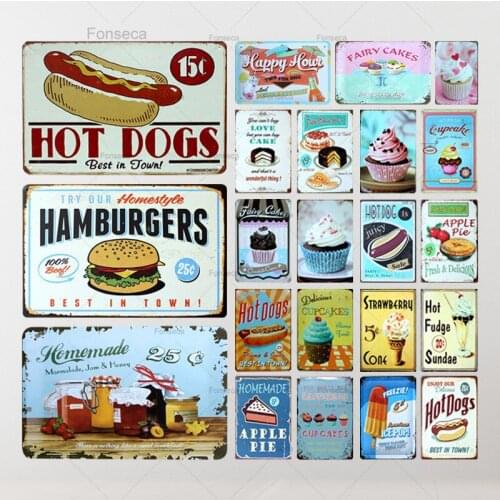 Tin Sign Hot dogs Hamburgers Apple pie Cake Hot Dog Metal Painting Wall Bar Cafe Home Art kitchen Decor Living room Decor