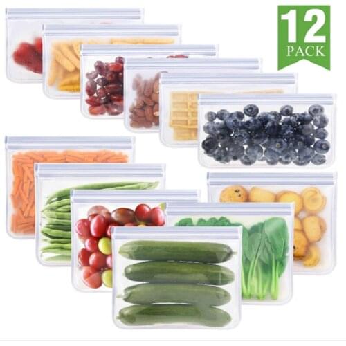 12Pcs/lot Silicone Food Bag Frosted PEVA Silicone Food Fresh-keeping Bag Reusable Freezer Zipper Leakproof Top Fruits Bag XB 133