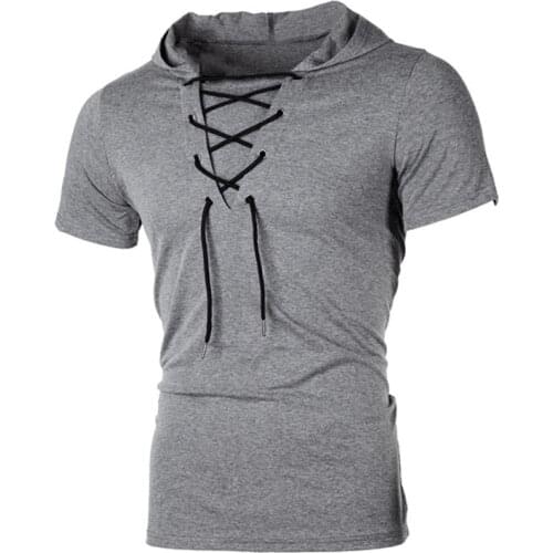 2021 Men T Shirt Summer Personality Hooded Tees Lacing Short Sleeve T-Shirt Homme Slim Fit Sportwear Clothing Mens Tshirt