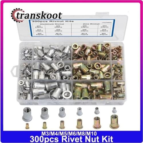 300pcs Rivet Nuts Threaded Rivnut M3 M4 M5 M6 M8 M10 Rivet Nut Kit Zinc Carbon Steel + Aluminum Alloy Rivnut Rivets Thread Nuts