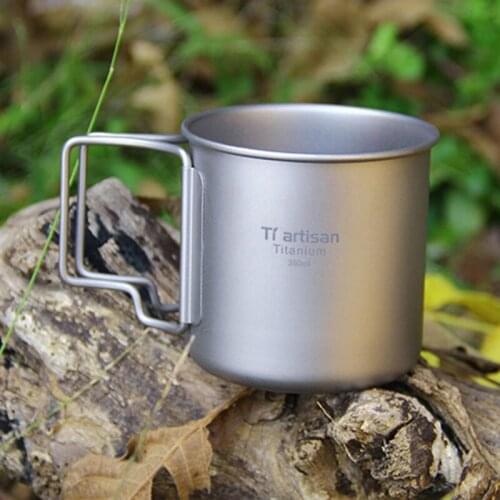 Tiartisan 350ml Water Cup Folding Handle Outdoor Camping Hiking Titanium Mug Portable with Lid Travel Water Drinking Cup Ta8303