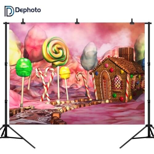 DePhoto 3D Cartoon Lollipop Candy House Seamless for Party Vinyl Photography Backdrop Photo Background Studio Prop ST012