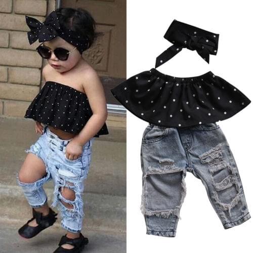 Newborn Infant Baby Girl Clothes Dot Sleeveless Top Vest Hole Jeans Pants Outfits Casual Fashion Summer 3pcs Clothing Set