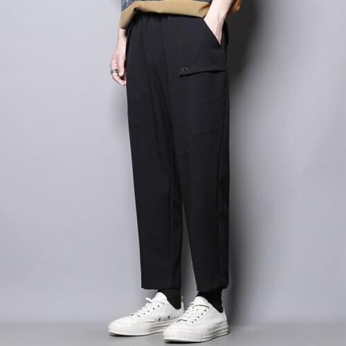 Summer personality design asymmetric small straight tube small foot hanging block casual loose Capris casual pants mens fashion