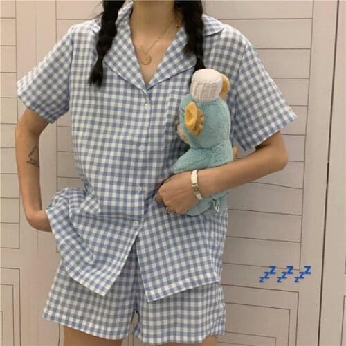 2021 Summer Plaid Pajamas Womens Short Sleeve Turn-down Collar Cardigan Korean Style Cute Student Home Wear Cartoon Home Wear