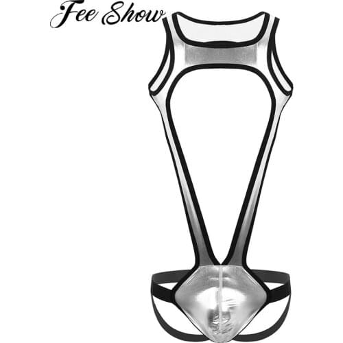 Mens One-piece Lingerie Bodysuit Costumes Clubwear Shiny Metallic Jockstrap Wrestling Singlet Leotard Mankini Bodysuit Underwear