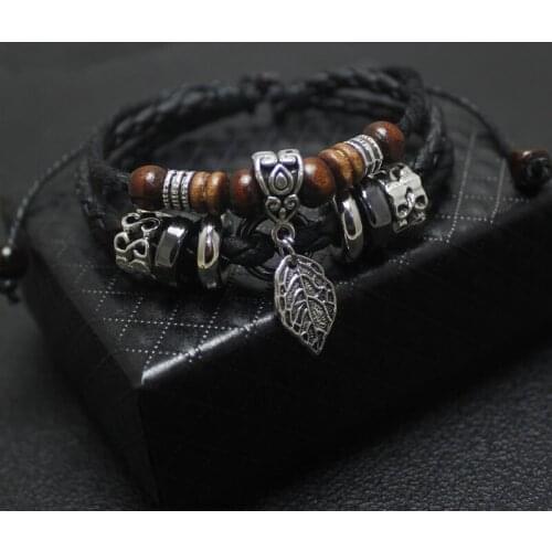 Men Bracelet Leaf Leather Bangle Multilayer Vintage Woven Charm Adjustable Classic Jewelry
