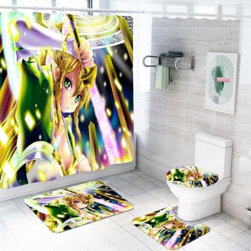 3D Sword Art Online Printed Shower Curtain Set Waterproof Bath Curtain with Hooks Toilet Lid Cover Bath Carpet Mats 4 Piece