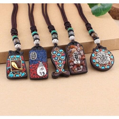 National Ebony Nepal Sweater Amulet Chain Wood Elephant Pendant God Buddha Long Necklace Woman Kallait Gem Crystal grave Jewelry