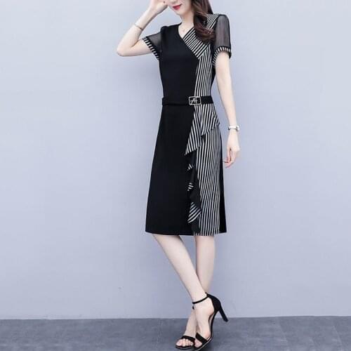 Plus Size 5XL New Summer Women Dress Fashion V-neck Chic Elegant Dresses Female Mid-Length Ruffle Striped Black Dress Vestidos