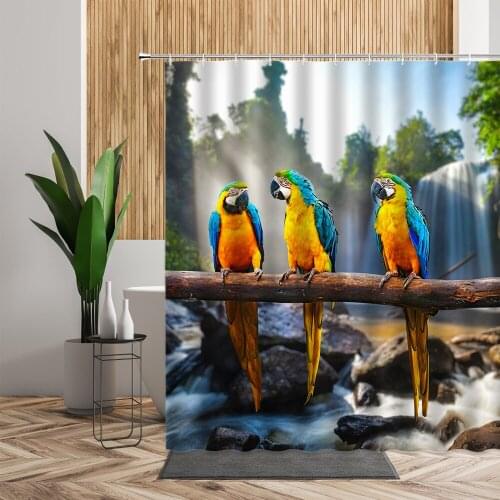 Parrot Shower Curtains Waterfall Forest Animal Printed Bathroom Bath Decor Waterproof Wall Background Fabric Window Curtain Set
