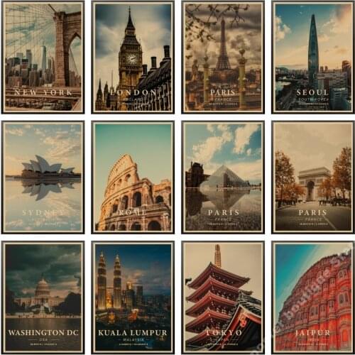 World Travel Posters New York Tokyo London New York Paris Landscape Kraft Paper Print Decoration Picture Home Bar Cafe Decor